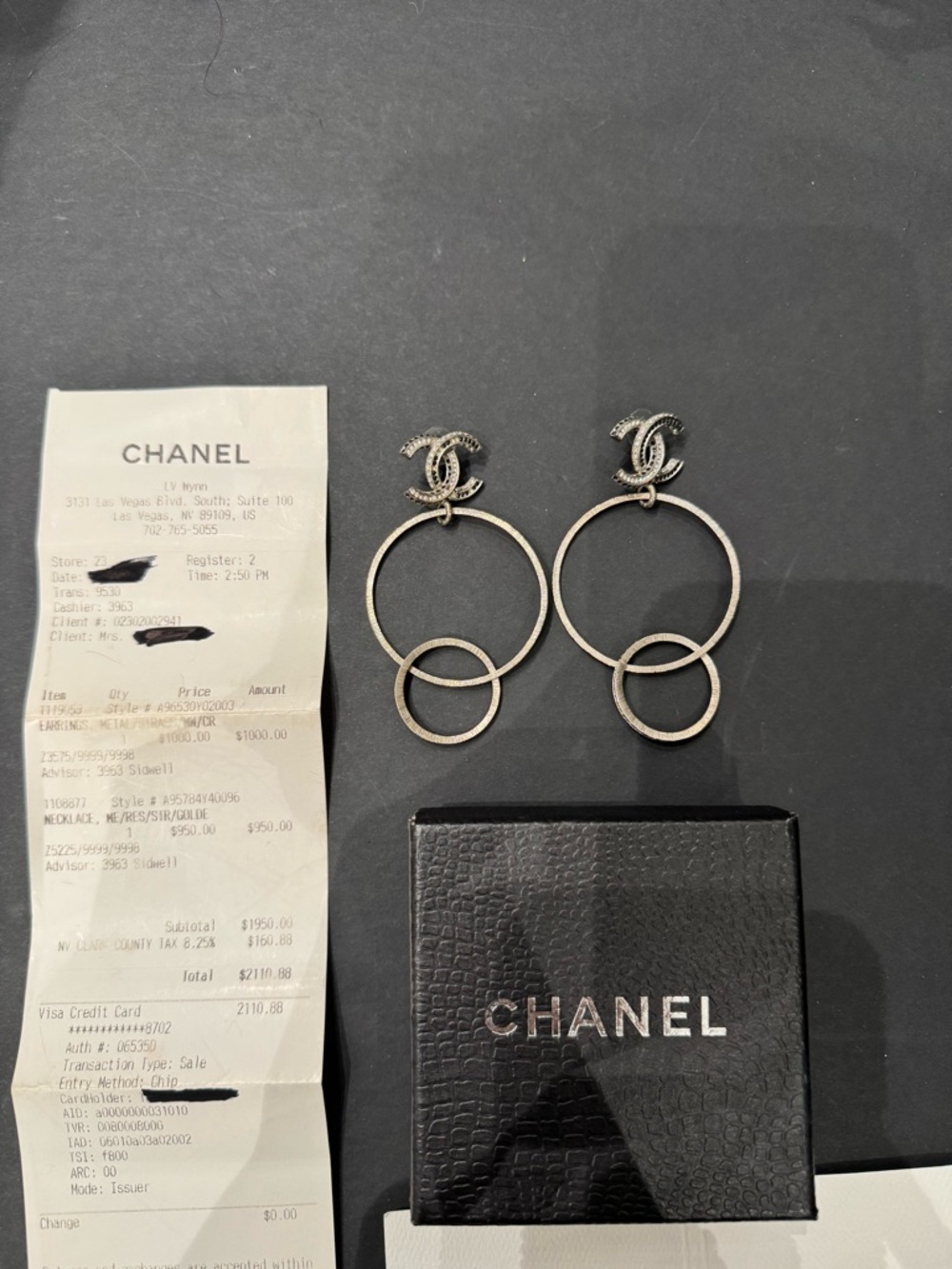 CHANEL Earring Silver-Tone Interlocking Circle Drop Earrings with CC Logo